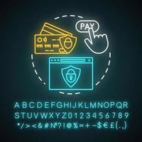 Symbol für das Neonlicht-Konzept der Zahlungssicherheit. sichere Geldtransaktion. Online-Banking. Versicherung finanzieren. digitale Anlageidee. leuchtendes alphabet, zahlen und symbole. vektor isolierte illustration