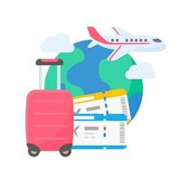 Die Weltkarte ist festgesteckt, um Reisen internationaler Fluggesellschaften zu planen. mit Gepäck und Flugtickets