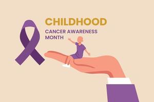 Kind Junge mit Krebs sitzend und bereit, Krebs zu bekämpfen. Konzept für den Monat des Bewusstseins für Krebs im Kindesalter. flache vektorillustration isoliert.