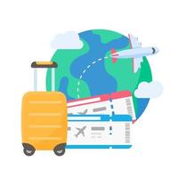 världskartan är fäst för att planera resor med internationella flygbolag. med bagage och flygbiljetter vektor