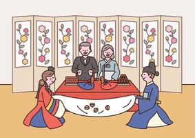 traditionellt koreanskt bröllop. brudparet sitter framför sina föräldrar och lyssnar på gratulationer. vektor