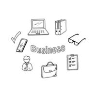 Geschäftssymbole im Doodle-Stil. Benutzer, Notizbuch, Ordner, Checkliste, Aktentasche, Telefon. vektor handgezeichnete illustration