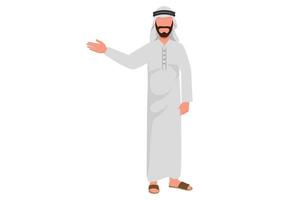 business platt ritning ung arabisk affärsman pekar med handen för att presentera något. självsäker manlig chef presentation, demonstrera, introducera något. tecknad design vektorillustration vektor