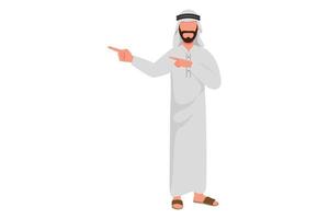 affärsdesign ritning arabisk affärsman pekar bort händerna tillsammans, visar eller presenterar något medan du står och ler. kontorsarbetare närvarande produkt. platt tecknad stil vektorillustration vektor