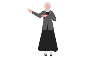 business platt tecknad stil ritning arabisk affärskvinna pekar bort händer tillsammans, visar eller presenterar något stående. kontorsarbetare närvarande produkt. grafisk design vektor illustration