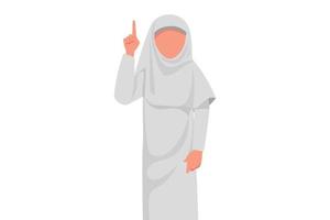 Business-Design-Zeichnung Arabische Geschäftsfrau zeigt mit dem Finger nach oben und stellt Fragen. weiblicher Manager Fingerzeig nach oben Geste, Geschäftsidee, Brainstorming, Innovation. flache Cartoon-Stil-Vektor-Illustration vektor