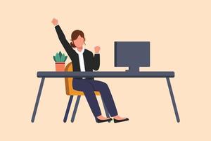 business platt ritning glad affärskvinna sitter på arbetsplatsen med höjda ena handen högt och höjde den andra. kvinnlig arbetare firar framgång företag prestation. tecknad design vektorillustration vektor