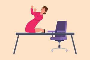 företag platt ritning glad affärskvinna på knä med firande mål pose på bordet skrivbord. vacker kontorsarbetare firar framgången för företagets finansiella projekt. tecknad design vektorillustration vektor