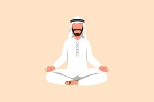 business platt ritning avslappnad arabisk affärsman gör yoga och vila från upptaget arbete. manlig kontorsarbetare sitter i yogaställning, meditation, avkopplande, hantera stress. tecknad design vektorillustration vektor