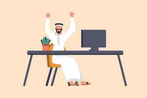 business flat cartoon style zeichnung glücklicher arabischer geschäftsmann, der mit erhobenen händen in der nähe von tisch und computer sitzt. büroangestellter feiert erfolg geschäftsleistung. Grafikdesign-Vektorillustration vektor