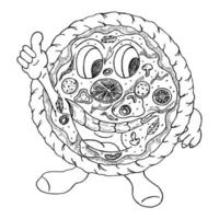 rolig pizza karaktär med doodles skratt. vektor handritad glad rund pizza med skivor ost, korv och oliver. pepperoni skiss isolerad på vit bakgrund
