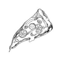 Skizzieren Sie Pizzastückzeichnung. hand gezeichnete pizzaillustration. ideal für Menü, Poster oder Etikett. vektor