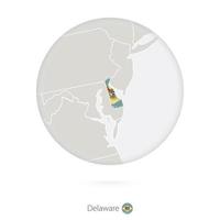 Karte des Staates Delaware und Flagge im Kreis. vektor