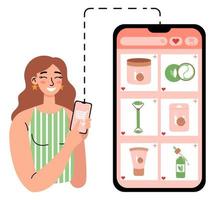 Online-Kosmetikbestellung. frau, die app verwendet und online mit telefon einkauft. Einkaufen zu Hause. flache Vektordarstellung auf weißem Hintergrund. vektor