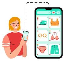 Online-Bestellung von Kleidung. frau, die app verwendet und online mit telefon einkauft. Einkaufen zu Hause. flache Vektordarstellung auf weißem Hintergrund. vektor