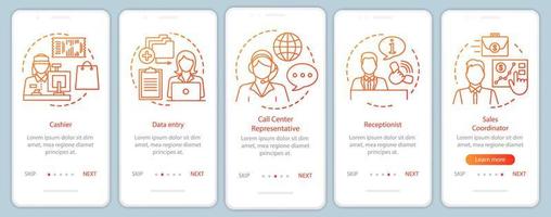 finden von teilzeitjobs orange onboarding mobile app seitenbildschirm vektorvorlage. Rezeptionist. Walkthrough-Website-Schritte mit linearen Illustrationen. ux, ui, gui smartphone-schnittstellenkonzept vektor