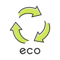 ekoetikett färgikon. tre gröna böjda piltecken. återvinna symbol. alternativ energi. miljöskydd klistermärke. miljövänliga kemikalier. ekologisk kosmetika. isolerade vektor illustration
