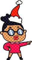 Comic-Stil-Illustration einer zeigenden Frau mit Brille und Weihnachtsmütze vektor