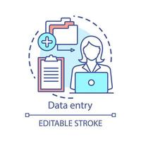 Symbol für das Konzept der Dateneingabe. schreibkraft, transkribierer, kaufmännische idee dünne linienillustration. nebenberuflich, freiberuflich. Sekretärin, persönliche Assistentin. Vektor isoliert Umrisszeichnung. editierbarer Strich