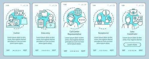 Suche nach Teilzeitjobs türkis Onboarding Mobile App Seite Bildschirm Vektorvorlage. Rezeptionist. Walkthrough-Website-Schritte mit linearen Illustrationen. ux, ui, gui smartphone-schnittstellenkonzept vektor