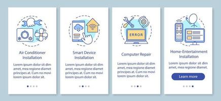 Home-Services für elektronische Geräte beim Onboarding auf dem Seitenbildschirm einer mobilen App mit linearen Konzepten. Computerreparatur. vier Walkthrough-Schritte mit grafischen Anweisungen. ux, ui, gui-vektorvorlage, illustrationen vektor