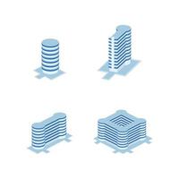 cirkulärt torn industriell byggnad set-torn, lägenhet, urbana konstruktioner, stadsbild - 3d isometrisk byggnad isolerad på vitt vektor