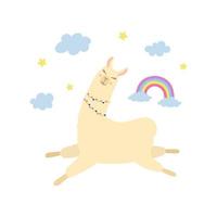 söta lama flyger i himlen. tecknad alpacka, regnbåge, stjärnor och moln. vektor