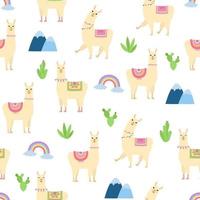 söta lama sömlösa mönster. tecknad alpacka, regnbåge, kaktusar och berg på vit bakgrund. vektor