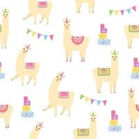 söta lamadjur seamless mönster. alpackor i födelsedagshattar, presentaskar och flaggor. bakgrund för födelsedag och baby shower design. vektor
