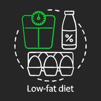 låg fetthalt kost krita koncept ikon. vegan livsstilsidé. skummjölk, råa ägg och viktvåg vektor isolerade svarta tavlan illustration. vegetarisk näring, hälsosam mat. färska naturprodukter