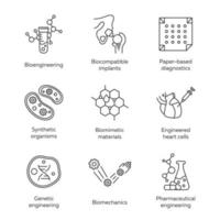 Bioengineering lineare Symbole gesetzt. Biotechnologie. Molekularbiologie, Biomedizin und Molekulartechnik. dünne Linienkontursymbole. isolierte vektorumrissillustrationen. editierbarer Strich vektor