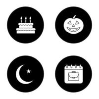 Feiertage Glyphen-Symbole gesetzt. Geburtstag, Tag der Arbeit, Ramadan, Halloween. Vektor weiße Silhouetten Illustrationen in schwarzen Kreisen