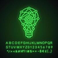 Symbol für Neonlicht im Innovationsprozess. technologischen Fortschritt. kreative Idee. maschinelles Lernen. Zahnrad in Glühbirne. leuchtendes zeichen mit alphabet, zahlen und symbolen. vektor isolierte illustration