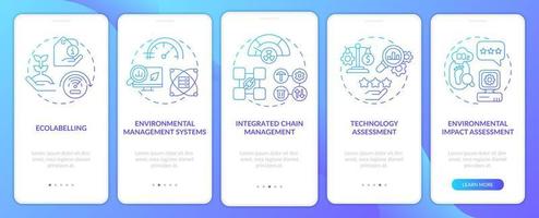 Werkzeuge der industriellen Ökologie blauer Farbverlauf beim Onboarding des mobilen App-Bildschirms. Komplettlösung 5 Schritte grafische Anleitungsseiten mit linearen Konzepten. ui, ux, gui-Vorlage. vektor