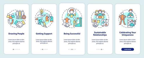 Charisma-Vorteile beim Onboarding des Bildschirms der mobilen App. Menschen anziehen Walkthrough 5 Schritte grafische Anleitungsseiten mit linearen Konzepten. ui, ux, gui-Vorlage. vektor