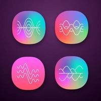 ljudvågor app ikoner set. vibrationer, brusamplitud, nivåer. ljudvågor, digital vågform. ljud, musik, melodirytm. ui ux användargränssnitt. webb, mobilapplikationer. vektor isolerade illustrationer