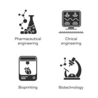 Bioengineering-Glyphen-Symbole gesetzt. Erforschung medizinischer Technologien, Behandlung von Krankheiten. pharmazeutische und klinische Technik, Bioprinting, Biotechnologie. Silhouettensymbole. vektor isolierte illustration