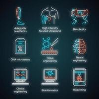 Bioengineering-Neonlicht-Symbole gesetzt. Biotechnologie. Molekularbiologie, Biomedizin und Molekulartechnik, Bioinformatik. leuchtende Zeichen. Vektor isolierte Illustrationen