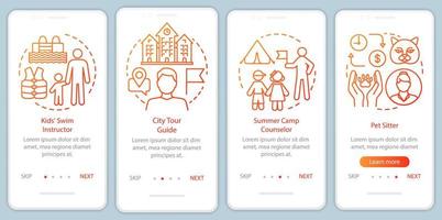 sommar deltidsjobb orange onboarding mobil app sida skärm vektor mall. simlärare. genomgång av webbplatssteg med linjära illustrationer. ux, ui, gui smartphone gränssnitt koncept