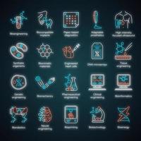 Bioengineering-Neonlicht-Symbole gesetzt. Biotechnologie. neue Methoden der Krankheitsdiagnose und -behandlung, Gentechnik, künstliche Intelligenz. leuchtende Zeichen. Vektor isolierte Illustrationen