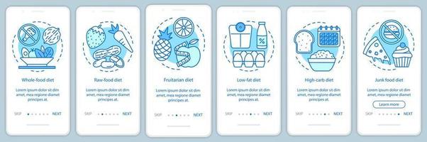 vegetarische Ernährung beim Onboarding mobiler App-Seitenbildschirm-Vektorvorlage. vegane Lebensstil-Walkthrough-Website-Schritte mit linearen Illustrationen. Ernährungsplan. ux, ui, gui smartphone-schnittstellenkonzept vektor