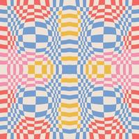 optisk illusion rutiga abstrakta sömlösa mönster. färgglad bakgrund, schackbrädeplattor med psykedelisk sfärisk volym, geometrisk checker op art. vektor enkel platt illustration.