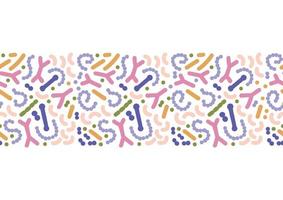 Mikrobiom nahtlose Grenze. Probiotischer Bakteriendruck mit buntem Lactobacillus, Bifidobakterien, Acidophilus. flache hand gezeichnete biologieillustration. vektor