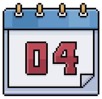 Pixelkunstkalender mit Datum 04. Tag 04. Feiertagstag 04 Vektorsymbol für 8-Bit-Spiel auf weißem Hintergrund