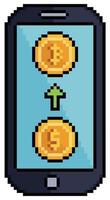 Pixel Art Bitcoin auf dem Handy kaufen. Symbol für Investitionen in Kryptowährungen für 8-Bit-Spiele auf weißem Hintergrund vektor