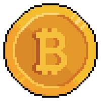 Pixelkunst-Bitcoin, Goldmünze, Kryptowährungsvektorsymbol für 8-Bit-Spiel auf weißem Hintergrund