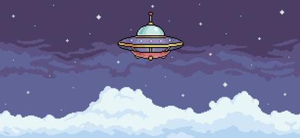 pixel art ufo på den molniga himlen. främmande rymdskepp som flyger på natthimlen. 8 bitars vektor bakgrund