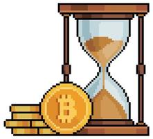 pixel art bitcoin timglas. vektor ikon för kryptoinvesteringstid för 8-bitars spel på vit bakgrund