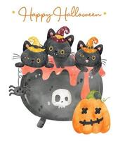 söta vattenfärgsdjur 3 bebis svarta kattunge katter på gift häxa kittel kruka, glad halloween, tecknat djur husdjur handmålning vektorillustration vektor