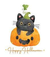 söt akvarell svart kattunge katt på orange jack o lykta pumpa, glad halloween, tecknat djur husdjur handmålning vektorillustration vektor